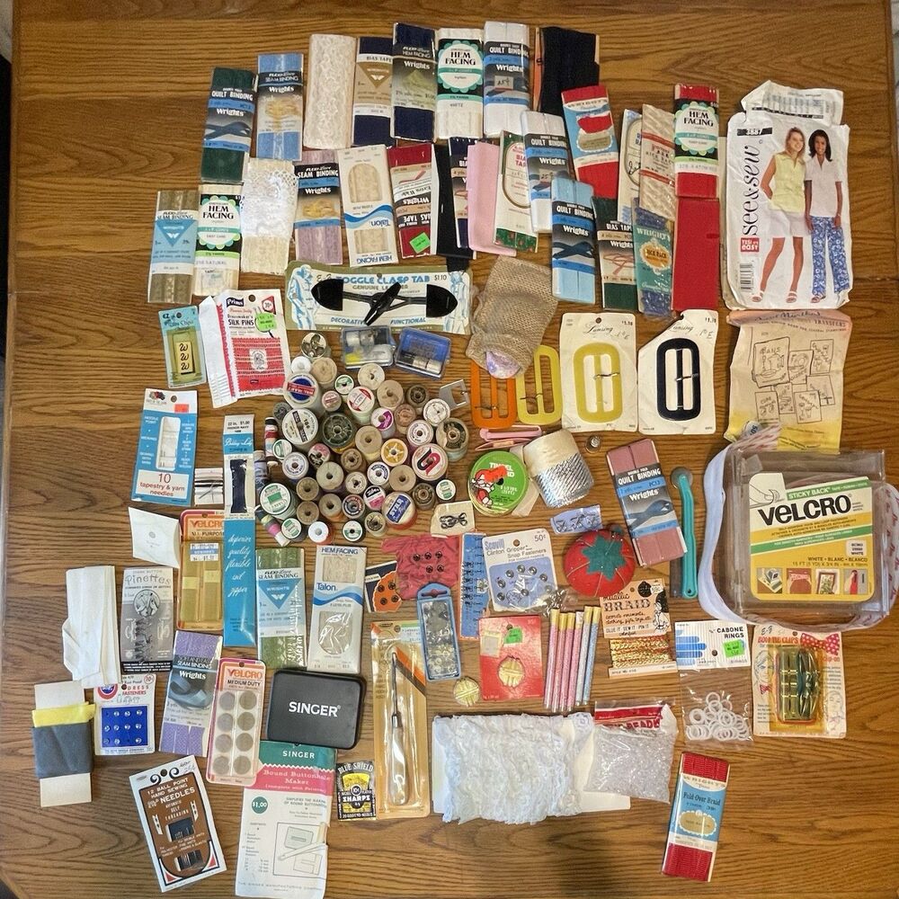 HUGE Lot Vintage Sewing Notions NOS Wrights Bias Tape Thread Trims Zipper